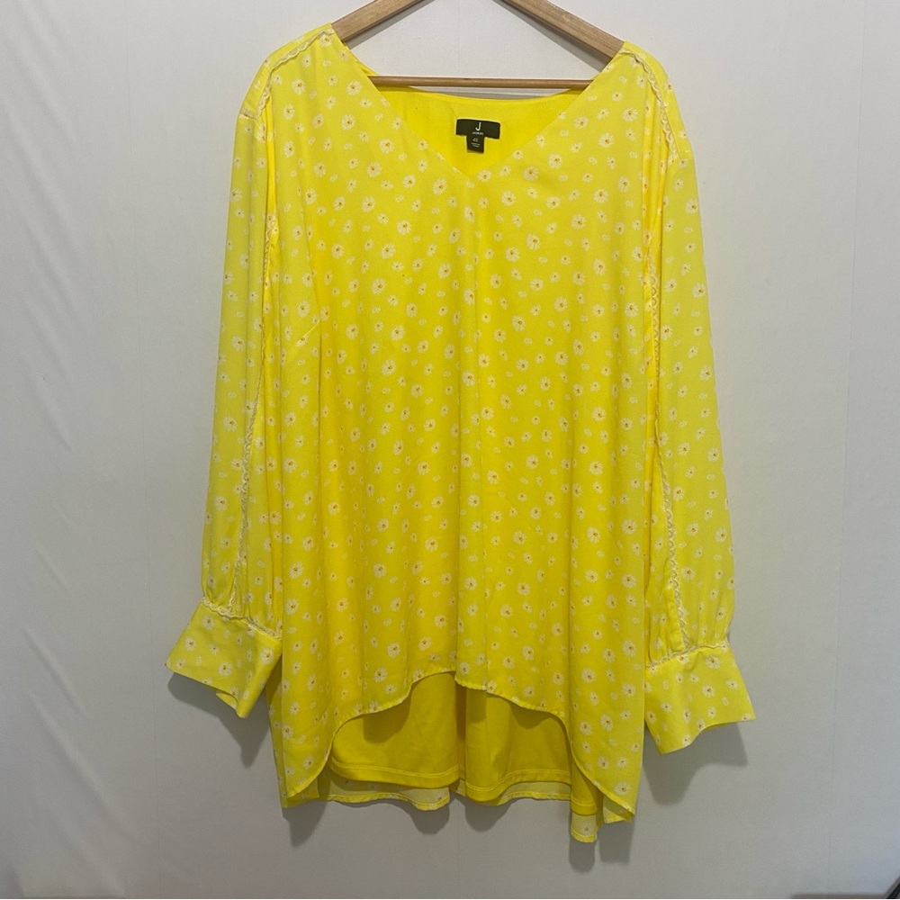 Jason Wu 4X Yellow Daisy Floral Blouse Long Sleeve V Neck Plus Size Top‎